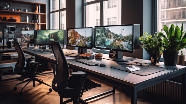 Foto espaço de escritório com computadores de secretária com computadores modernos