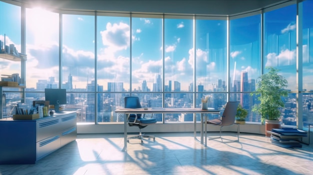 Espaço de escritório com design moderno com vidro pode ver a vista do arranha-céu