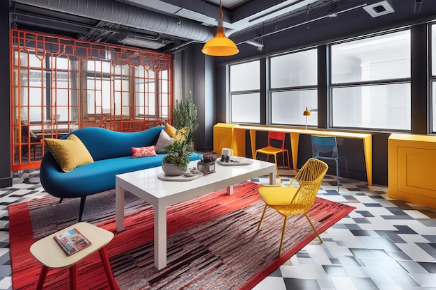 Espaço de escritório criativo com cores ousadas, designs dinâmicos e detalhes inesperados