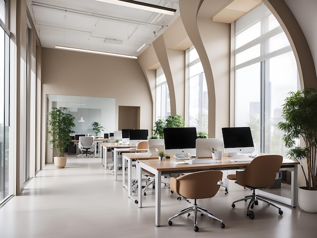 Espaço de escritório diurno com fileira de mesa de escritório de trabalho e unidade de estação de trabalho interior moderno