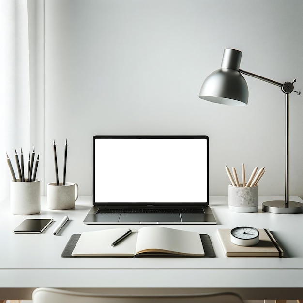 Foto espaço de escritório em casa minimalista com um laptop elegante em uma mesa branca