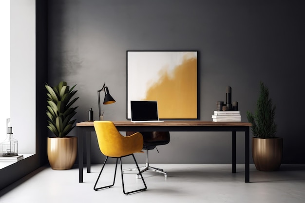 Espaço de escritório minimalista com mesa simples e cadeira ergonômica Design de interiores minimalista IA generativa