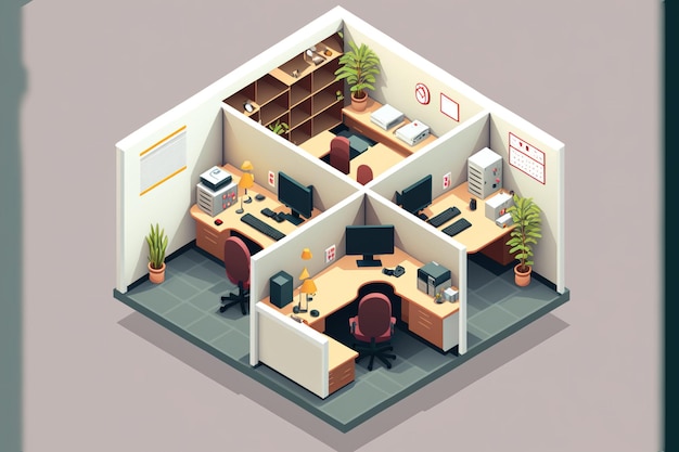 Foto espaço de escritório mobiliado com mesas de cubículo e ícone interior de material de escritório em isometria ilustrativa
