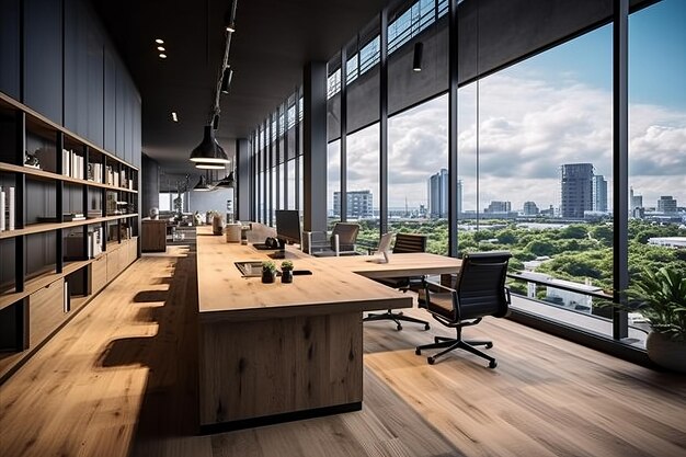 Espaço de escritório moderno com mesa longa e cadeiras para reuniões em um centro de negócios movimentado