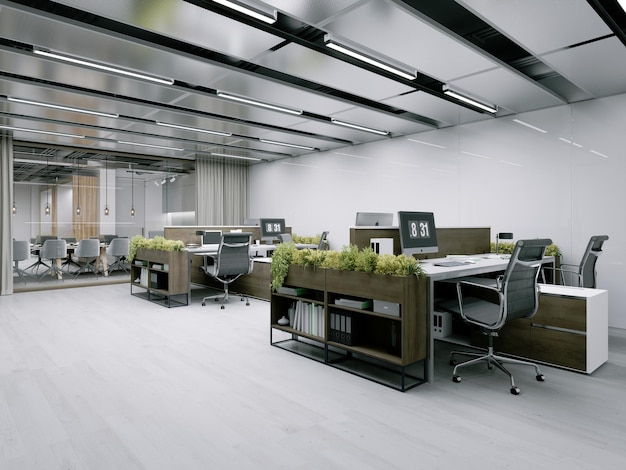 Espaço de escritório moderno com mesas de trabalho com renderização 3d de plantas