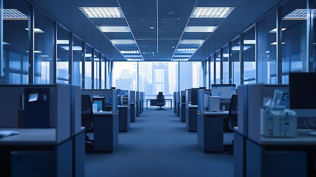 Espaço de escritório moderno com mesas e cadeiras Ambiente de negócios corporativo e design de interiores