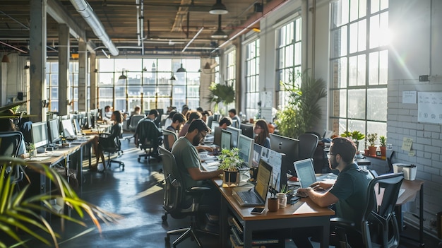 Foto espaço de escritório moderno de plano aberto com luz solar conceito de ambiente de trabalho coworking e colaborativo