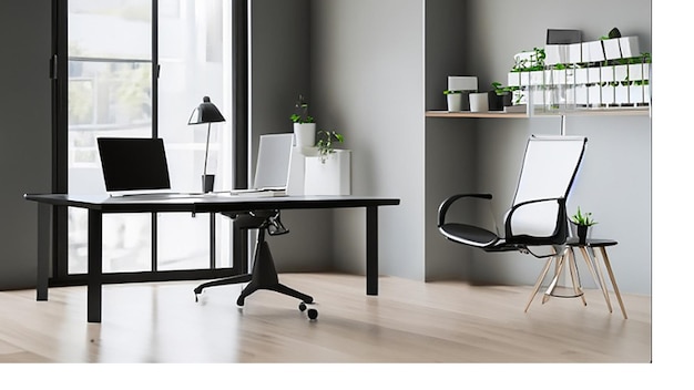 Espaço de escritório moderno e luminoso com mesa de vidro e cadeira de escritório ergonômica para gerente de empresa