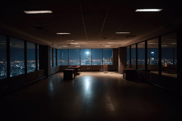 Espaço de escritório moderno vazio escuro à noite