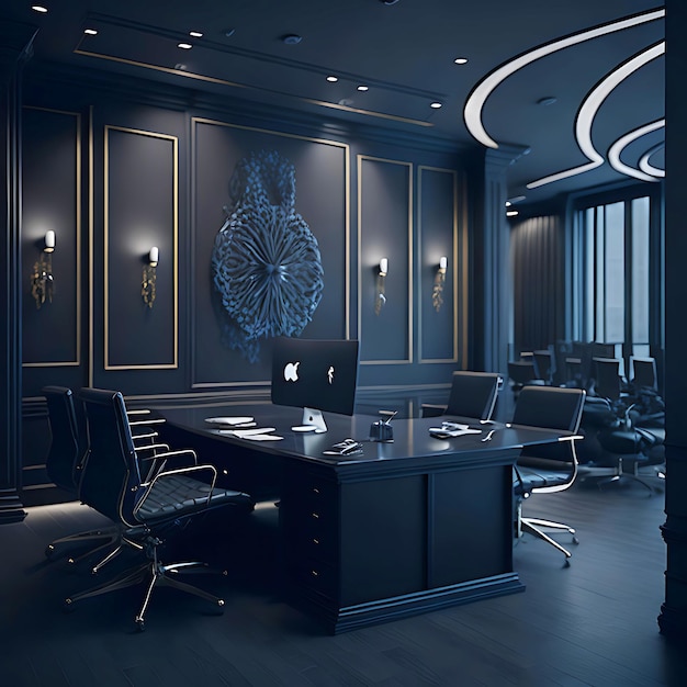 Espaço de escritório pessoal em tons escuros com luxuosa mesa de madeira escura generativa AI