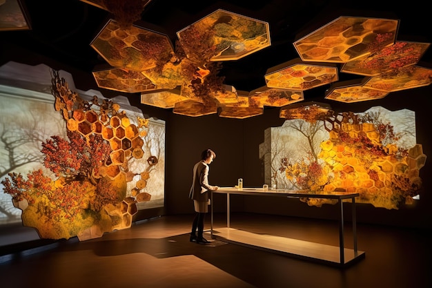 Foto espaço de exposição hexagonal em forma de favo de mel