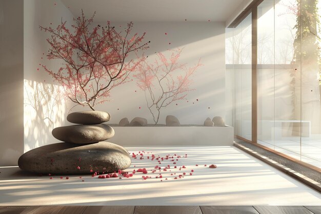 Espaço de meditação Zen tranquilo com design minimalista e flores de cerejeira acento AI Gerado