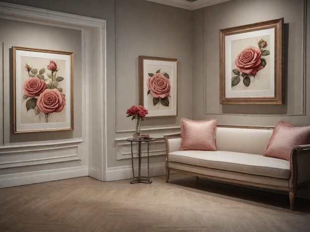 Espaço de parede vazio com impressões emolduradas ou pinturas de rosas detalhadas Isso fornece um ambiente clássico e refinado