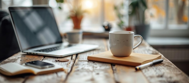 Espaço de trabalho aconchegante com uma chávena de café