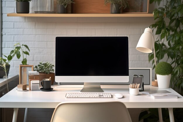 Espaço de trabalho com computador e fornecimento na mesa Computador de tela vazia com foto de alta qualidade Generate Ai