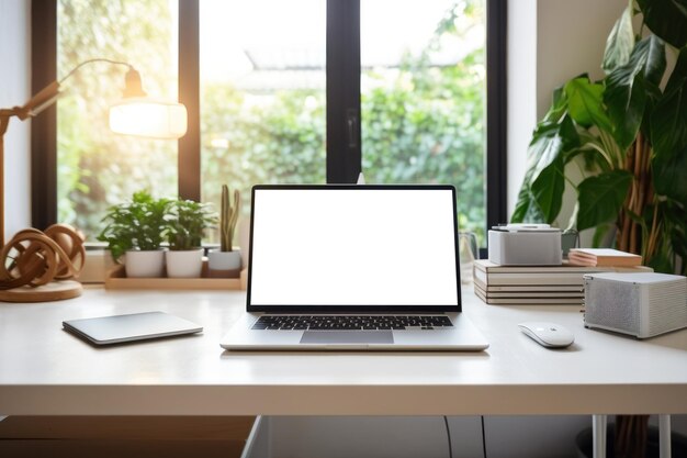 Espaço de trabalho com computador portátil e fornecimento na mesa Computador de tela vazia com geração de foto de alta qualidade Ai