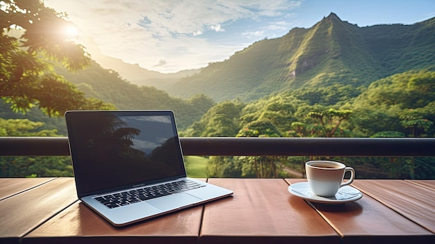 Espaço de trabalho com laptop e café em mesa de madeira com fundo de montanha natural Trabalhador autônomo