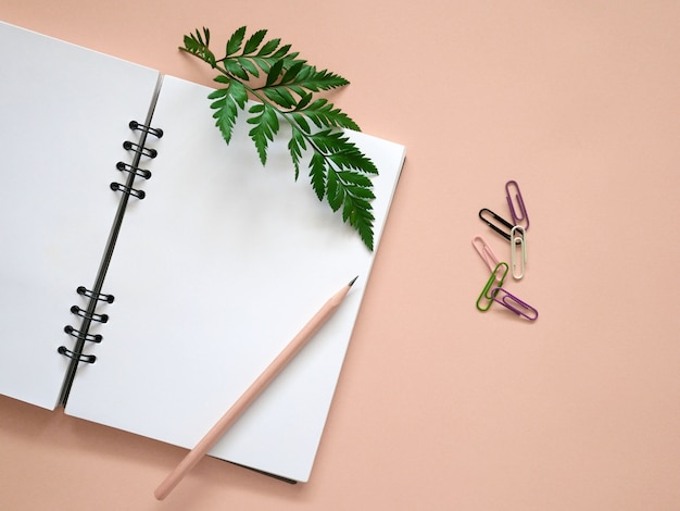 Espaço de trabalho com o caderno em branco