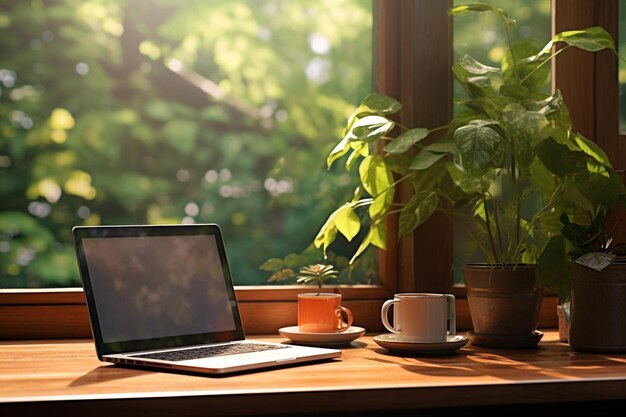 Espaço de trabalho com portátil e café.