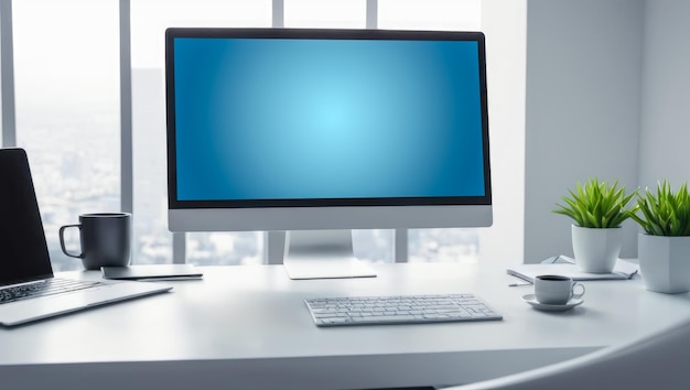 Espaço de trabalho com tela de computador azul em branco Monitor de computador de mesa com exibição de tela de maquete em pé na mesa em escritório de negócios modernos