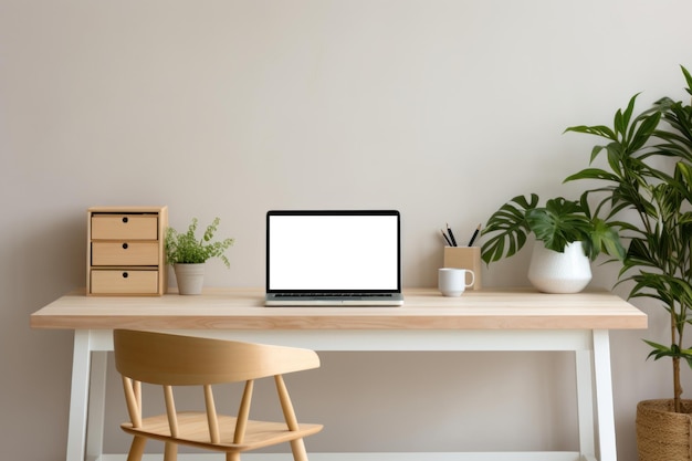 Espaço de trabalho com tela vazia de computador portátil e suprimentos de escritório em mesa de madeira IA gerativa