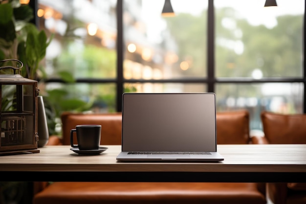 Espaço de trabalho com tela vazia de laptop e material de escritório em mesa de madeira Ai gera