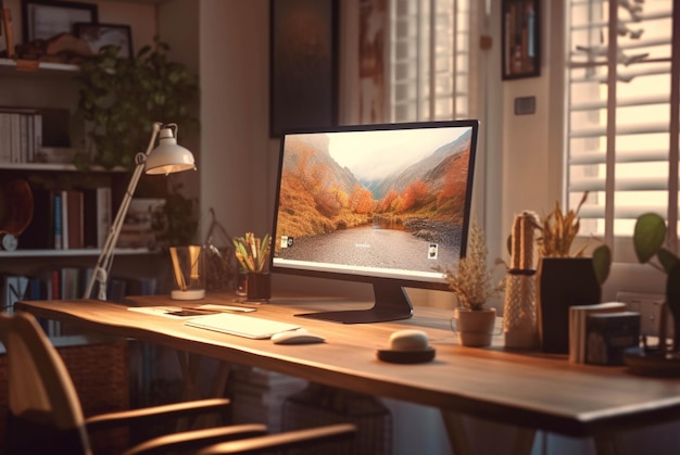 Espaço de trabalho confortável com computador em mesa de madeira Lugar de trabalho do designer