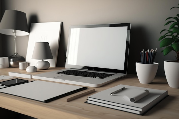 Espaço de trabalho confortável e básico com maquete de laptop com luz de tela branca material de escritório livros bandeja de documentos e decorações em uma mesa de madeira fechada
