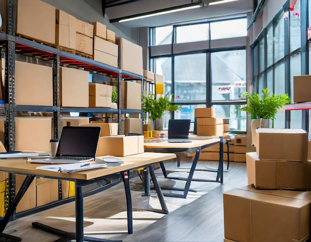 Espaço de trabalho de empresa de comércio eletrônico com mesas flexíveis estações de envio e marca vibrante que reflete um...