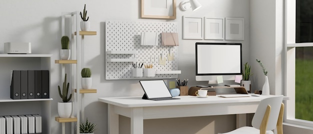 Foto espaço de trabalho de escritório branco moderno com computador desktop pc e maquete de laptop na mesa branca