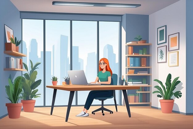 Espaço de trabalho de escritório com gerente feminina Personagem vetorial Trabalhando na mesa com laptop em ambiente de espaço aberto