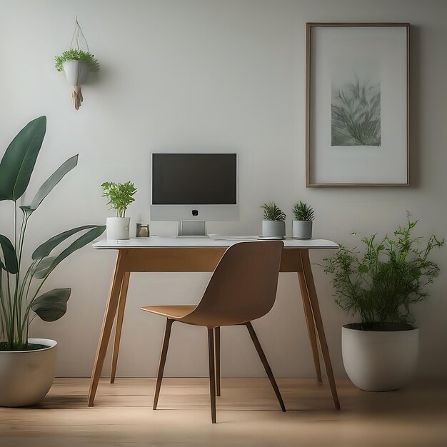 Espaço de trabalho de escritório em casa com computador e plantas