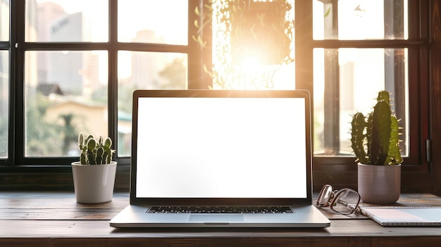 Espaço de trabalho de escritório em casa ensolarado com tela de laptop em branco