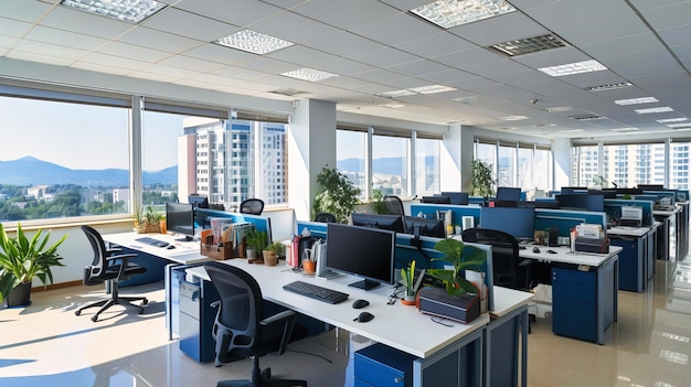 Espaço de trabalho de escritório moderno com mesas de computador Vista urbana e design limpo