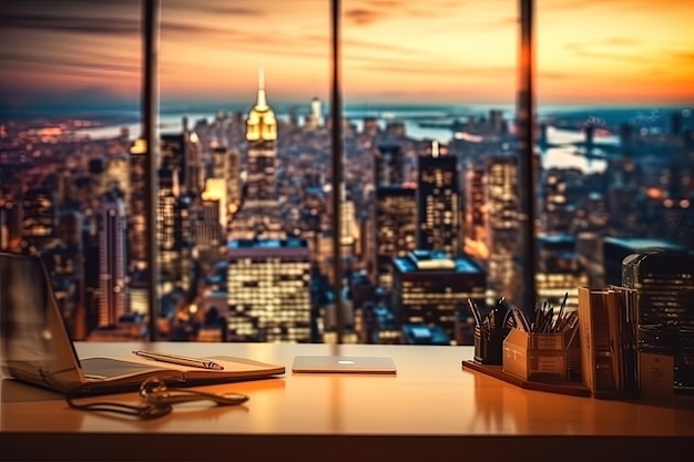 Foto espaço de trabalho de escritório turva no local de trabalho interior noturno com paisagem urbana para apresentação de negócios fundo ai gerado