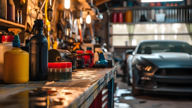 Foto espaço de trabalho de garagem organizado com variedade de produtos e ferramentas de cuidados com carros para manutenção e reparo diy