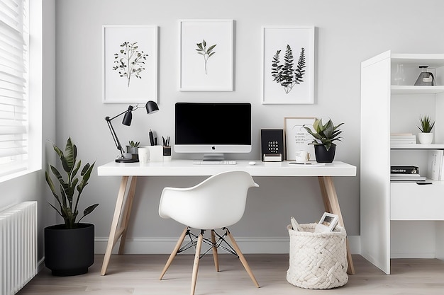 Foto espaço de trabalho de inspiração escandinava com uma mesa branca elegante e uma decoração minimalista