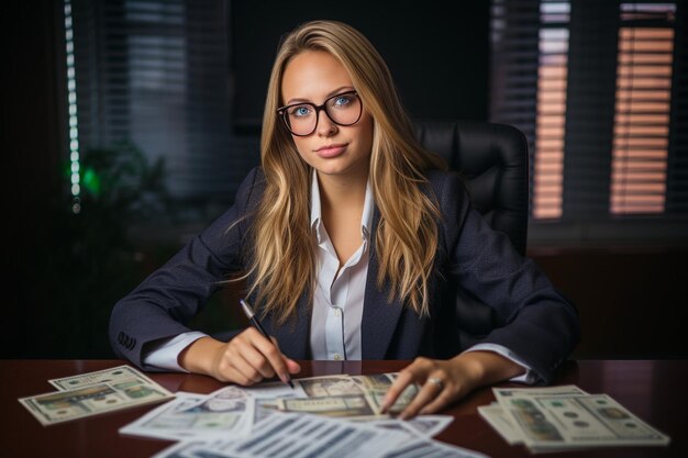 Espaço de trabalho de um contador com relatórios financeiros e uma calculadora