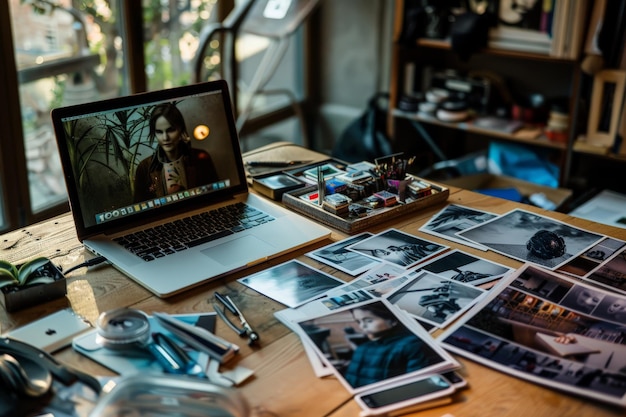 Espaço de trabalho do fotógrafo Escritório de trabalho de fotógrafo com laptop Artes modernas e conceito criativo