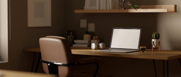 Espaço de trabalho doméstico moderno e contemporâneo com laptop e acessórios em uma mesa de madeira