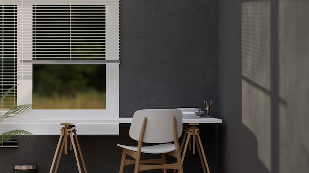 Espaço de trabalho em apartamento moderno com mesa minimalista perto da janela e fundo cinza 3D