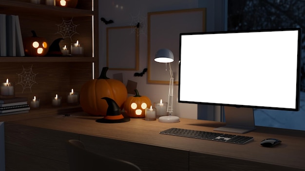 Espaço de trabalho escuro na decoração do tema halloween com maquete de computador desktop branco