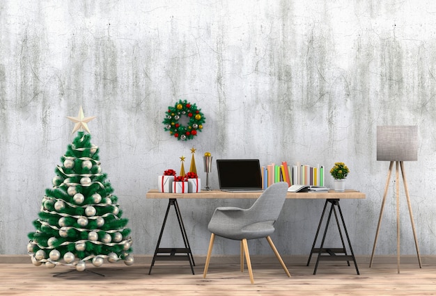 Espaço de trabalho interior de Natal com computador. 3d render