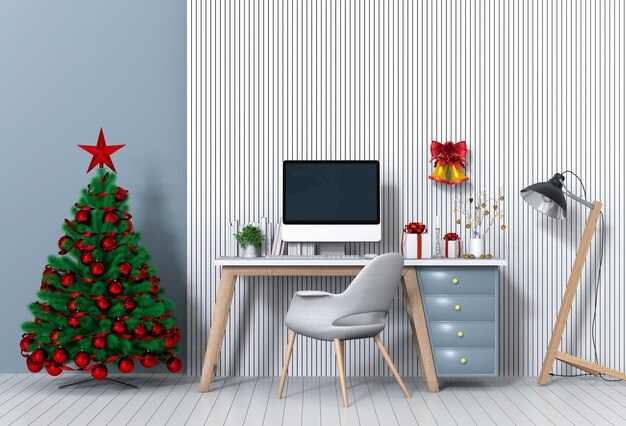 Espaço de trabalho interior de natal com computador. 3d render