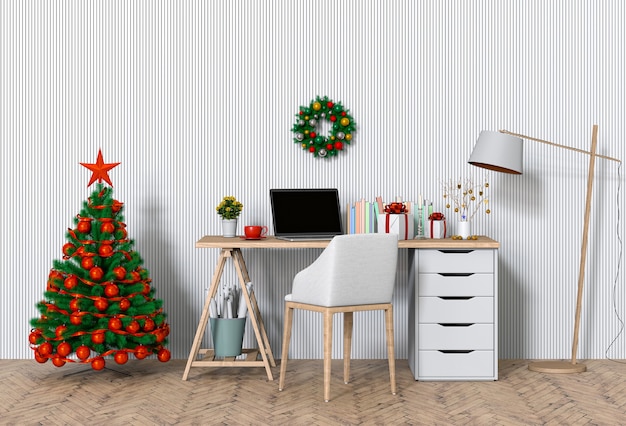 Espaço de trabalho interior de natal com computador. 3d render