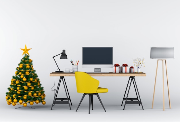 Espaço de trabalho interior de natal com computador. 3d render