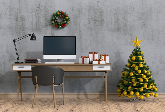 Espaço de trabalho interior de Natal com computador. 3d render