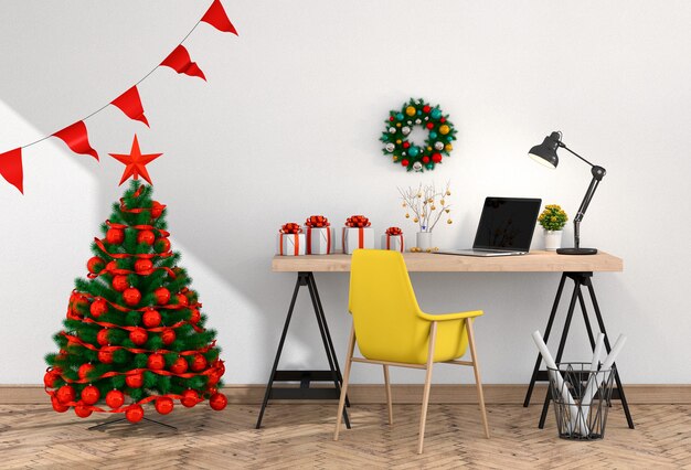 Espaço de trabalho interior de Natal com computador. 3d render