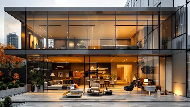 Espaço de trabalho luxuoso Arquitetura curva Mobiliário elegante e iluminação aconchegante