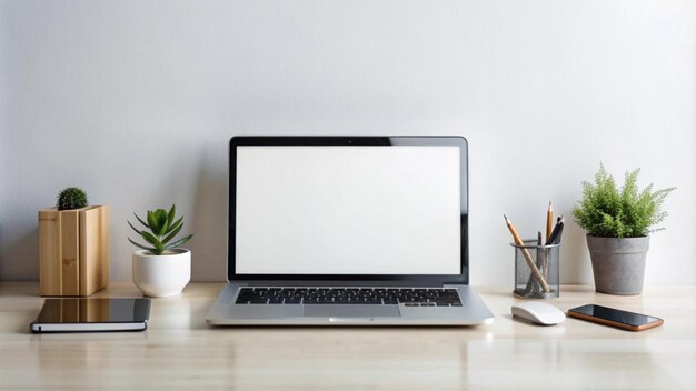 Espaço de trabalho minimalista com plantas de portátil e telefone